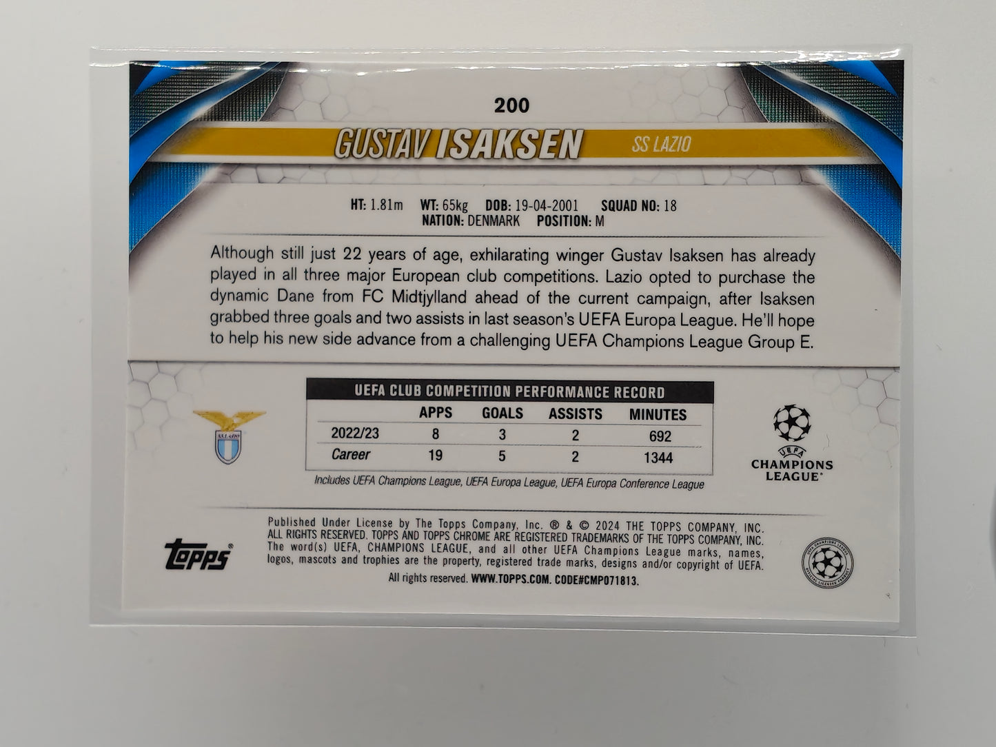 Gustav Isaksen /50 rc - Topps Chrome 23/24