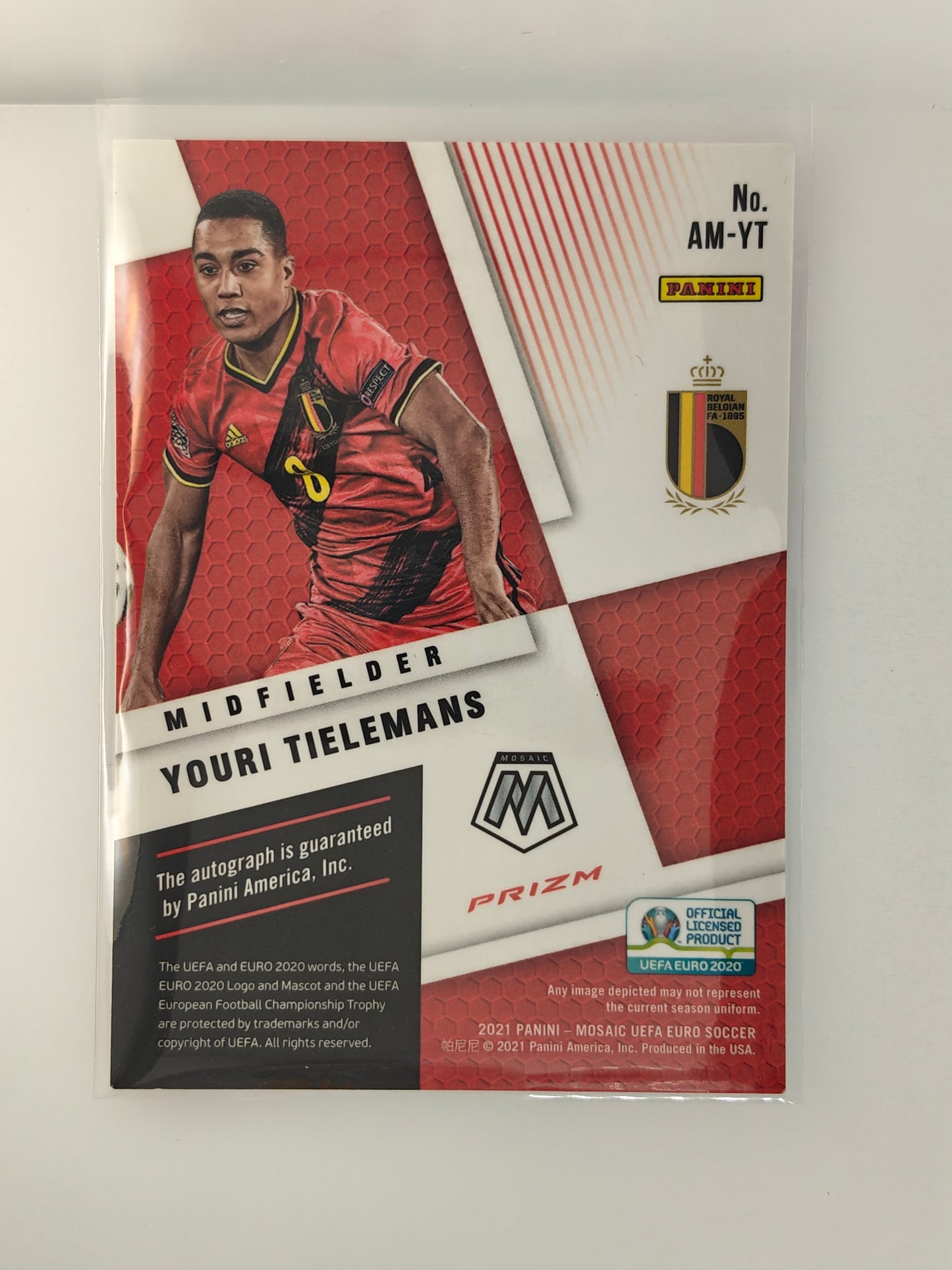 Youri Tielemans auto red color match - Panini Mosaic euro 2020