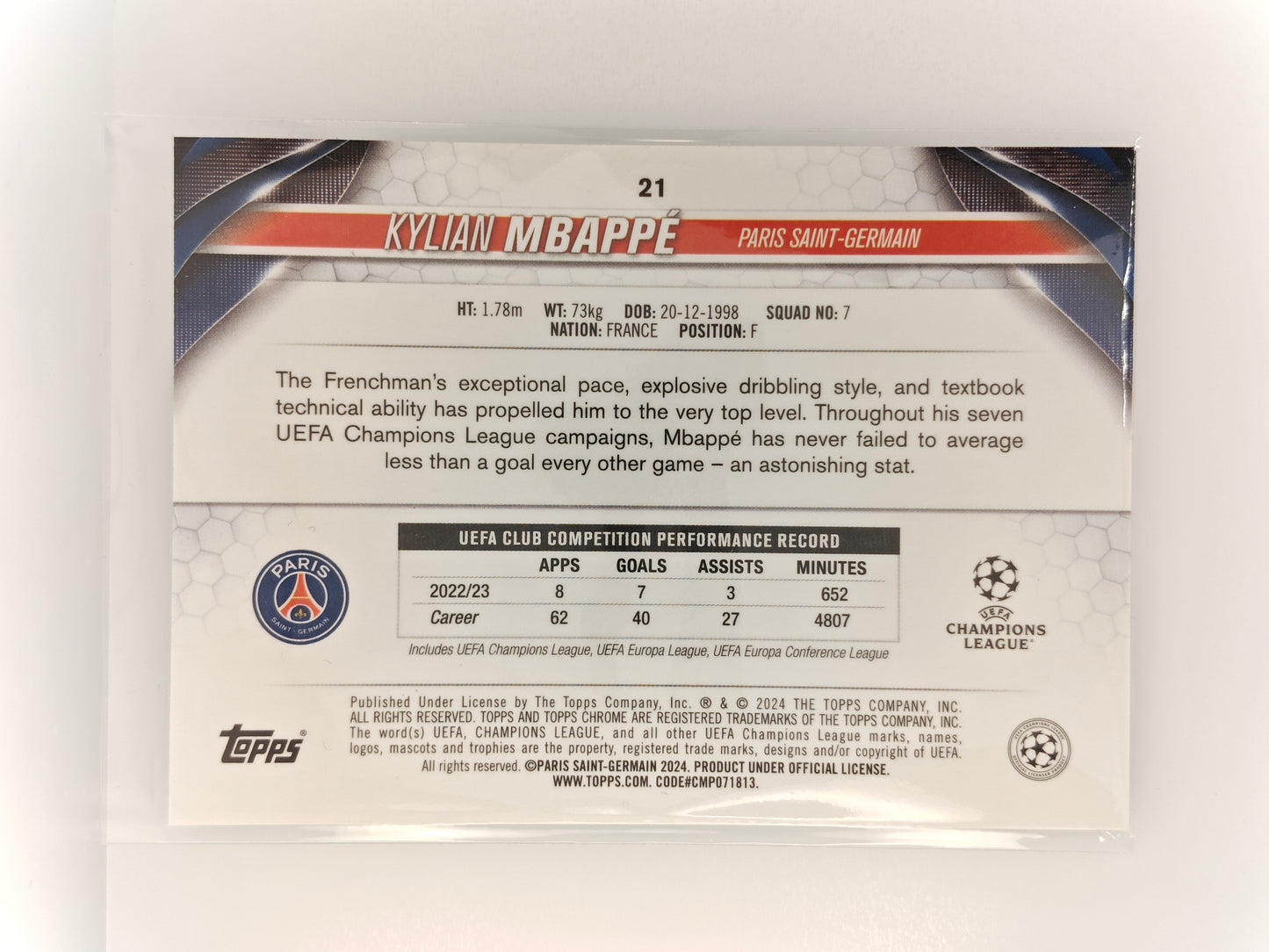 Kylian Mbappe aqua - Topps Chrome 23/24