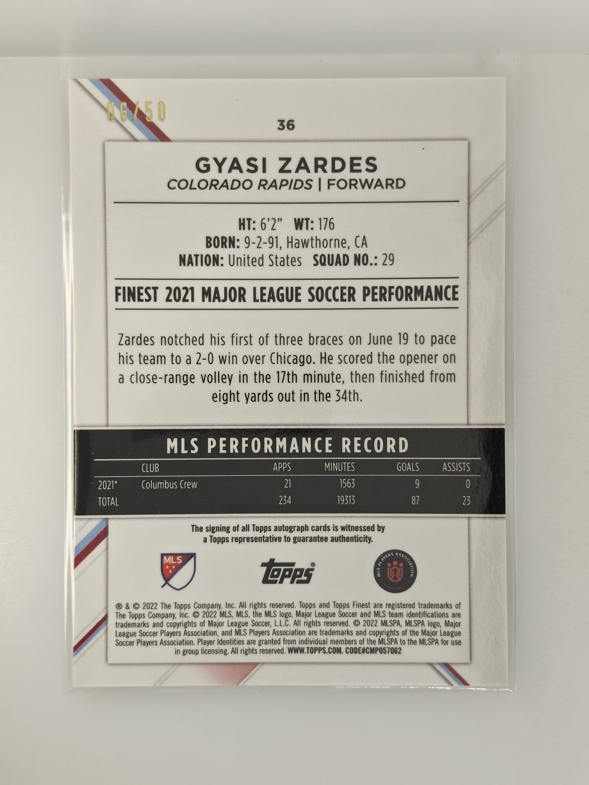 Gyasi Zardes auto /50 - Topps Chrome Mls 22/23