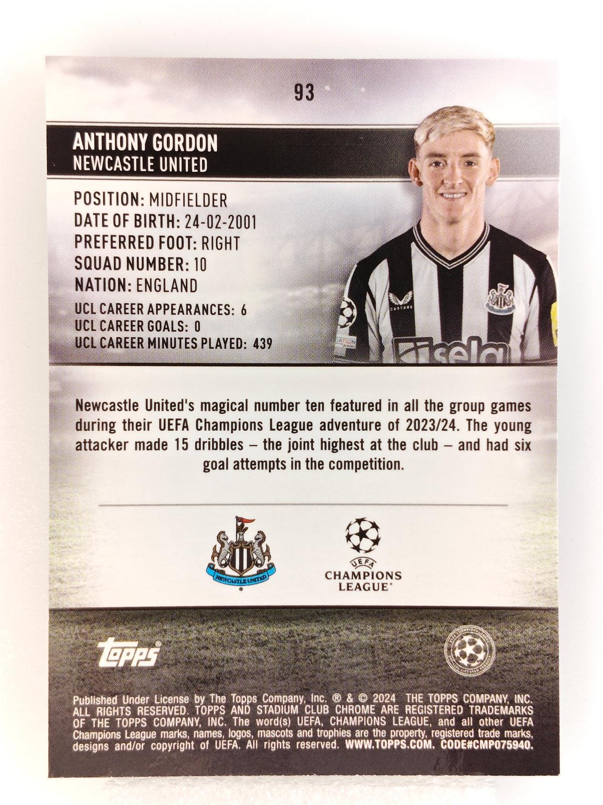 Antony Gordon /150 - Topps Stadium Chrome 23/24
