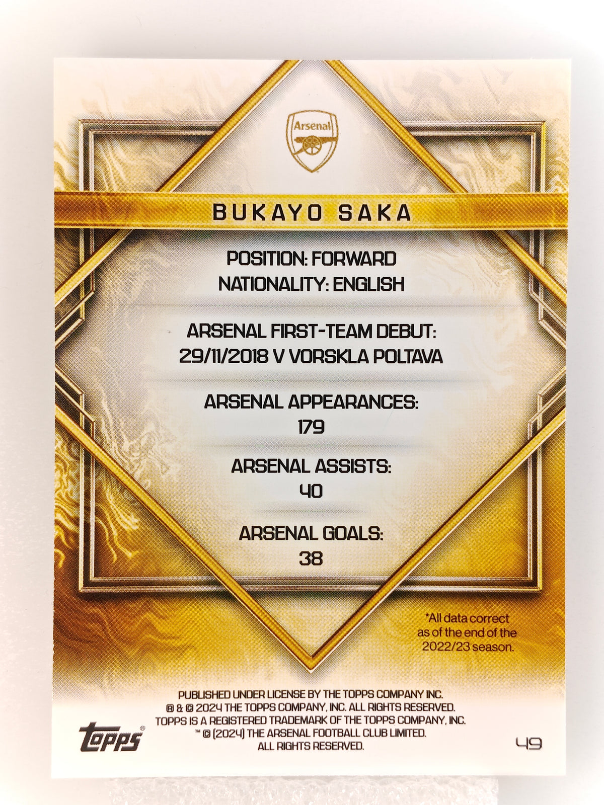 Bukayo Saka gold drip - Topps Teamset 23/24