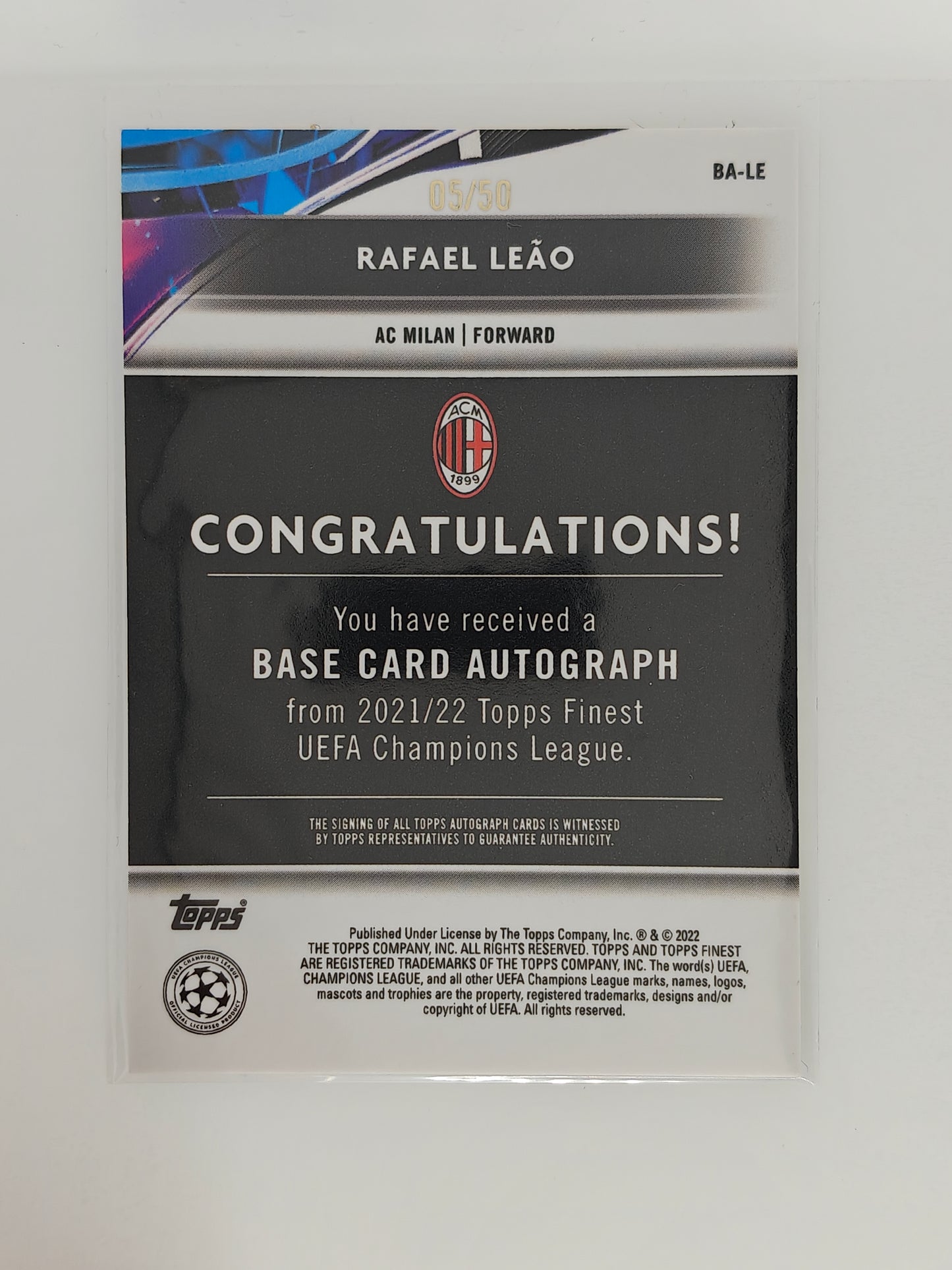 Rafael Leao auto /50 - Topps Finest 21/22