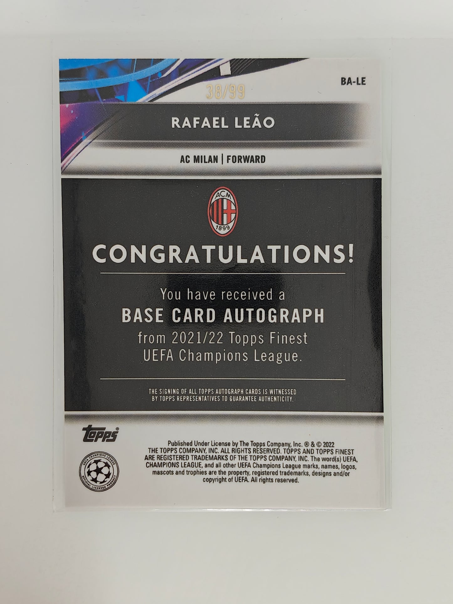 Rafael Leao auto /99 - Topps Finest 21/22