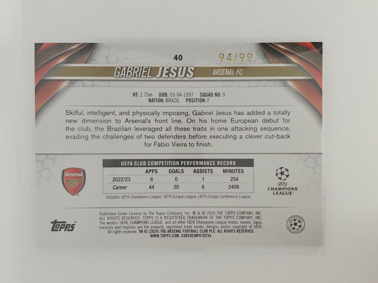 Gabriel Jesus /99 - Topps Flagship 23/24