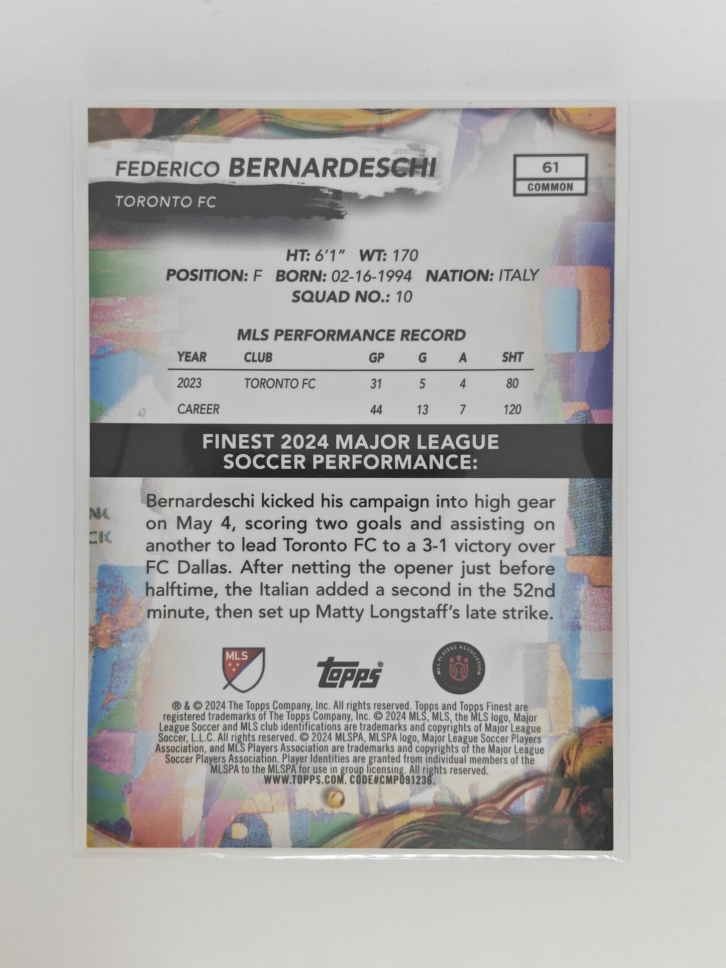 Federico Bernadeschi 10/10 bookend jersey number - Topps MLS Finest 24/25