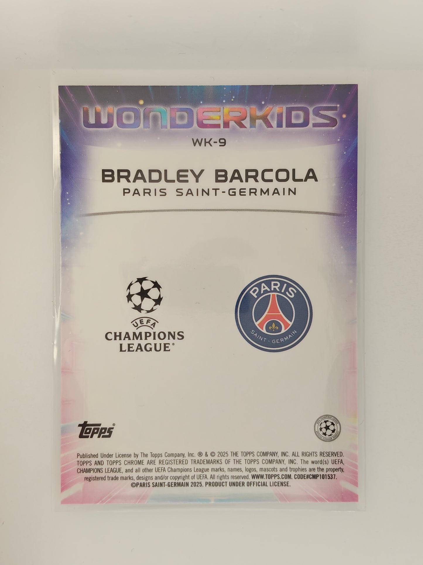 Bradley Barcola Wonderkids - Topps Chrome 24/25