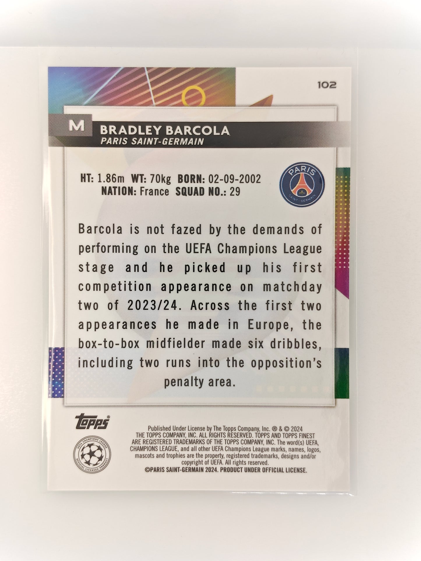 Bradley Barcola /99 RC - Topps Finest 23/24