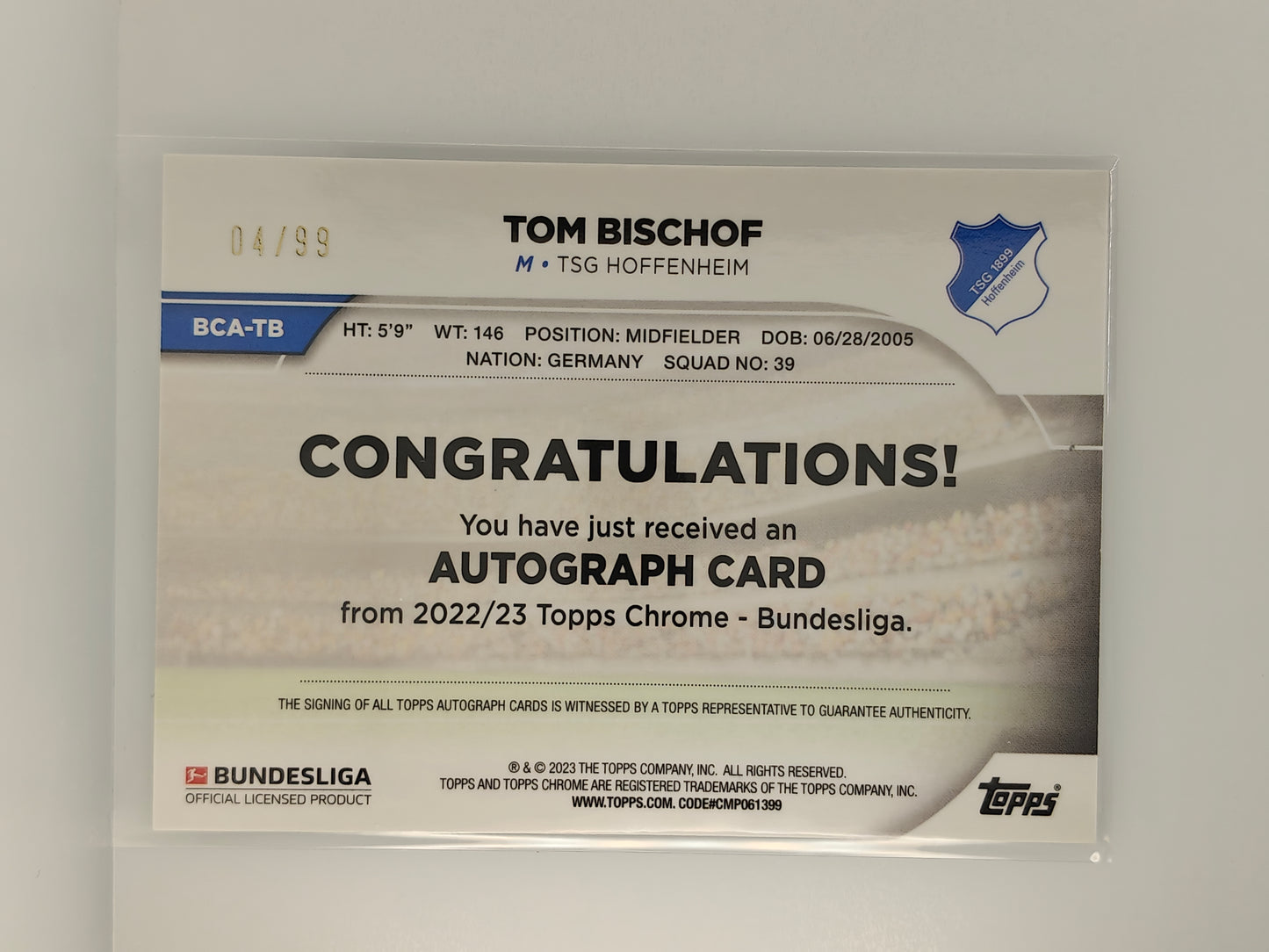 Tom Bischof auto /99 RC - Topps Chrome Bundesliga 22/23