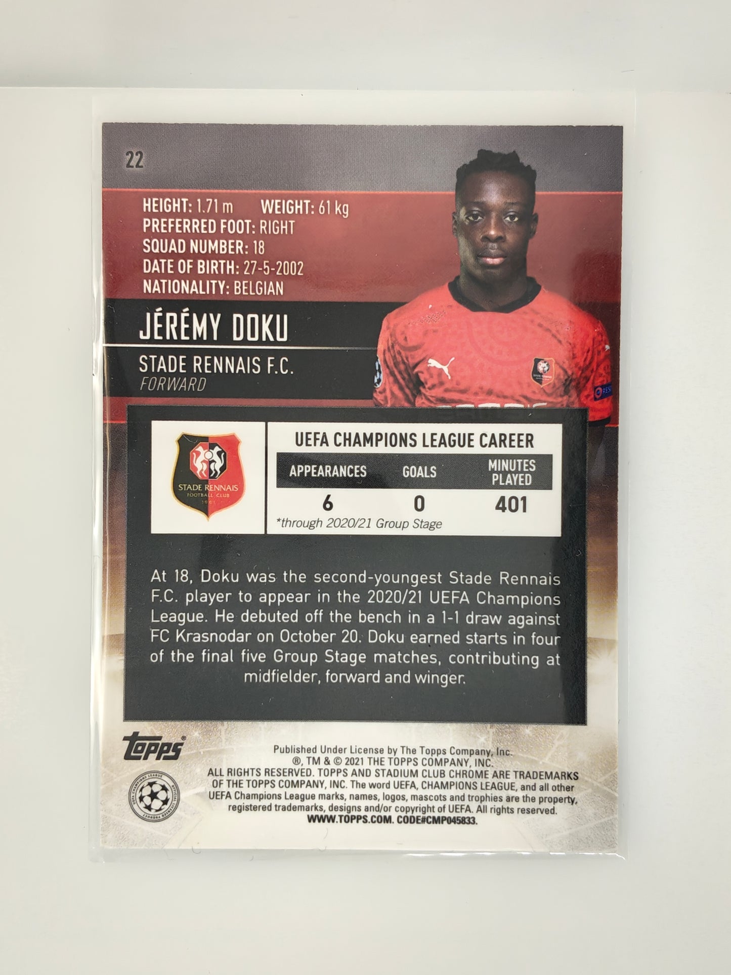 Jeremy Doku RC - Topps Stadium Chrome 20/21