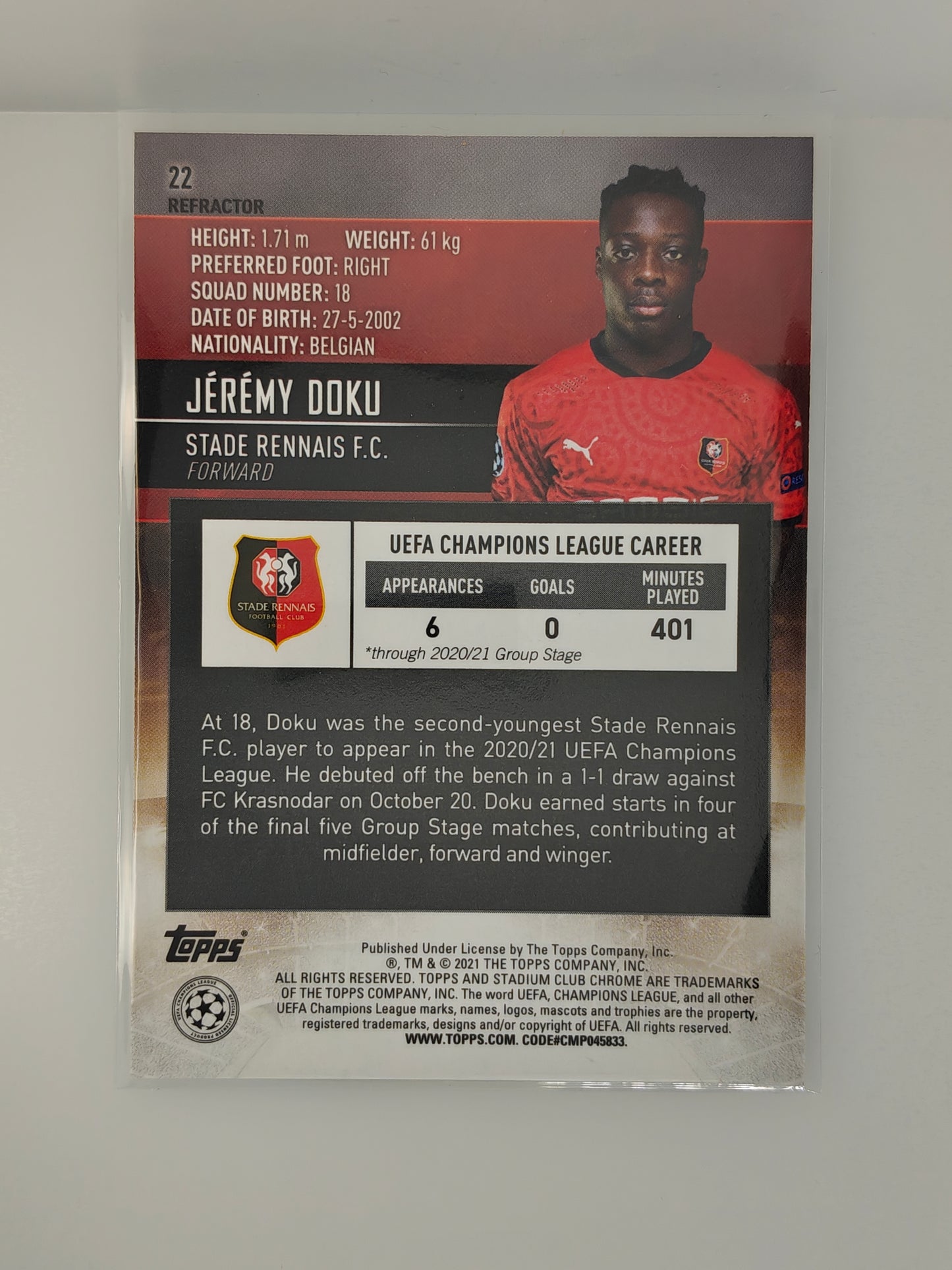 Jeremy Doku RC Refractor - Topps Stadium Chrome 20/21