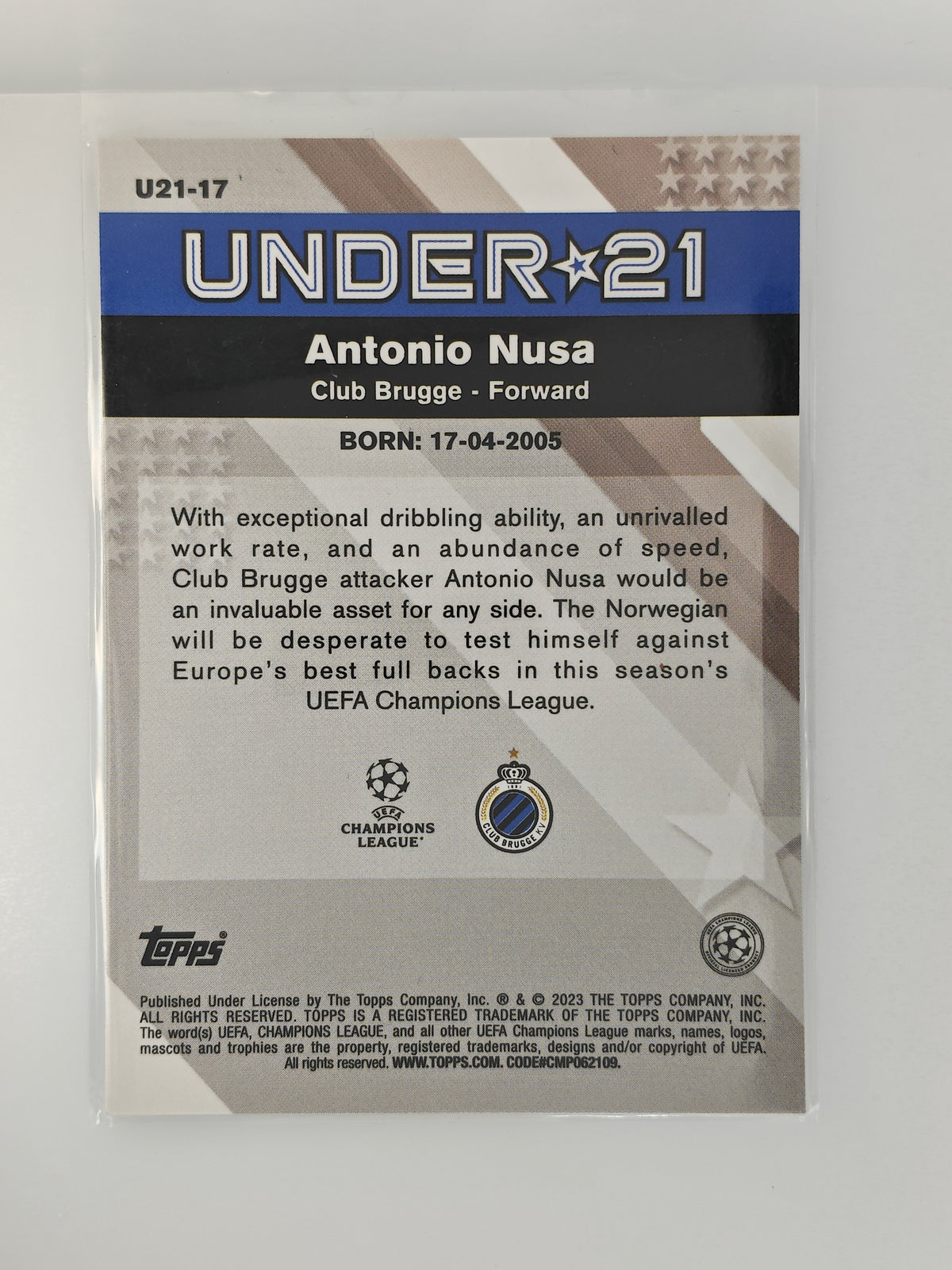 Antonio Nusa under 21 RC - Topps Merlin 22/23