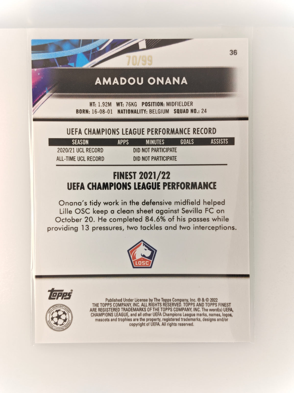 Amadou Onana /99 rc - Topps Finest 21/22