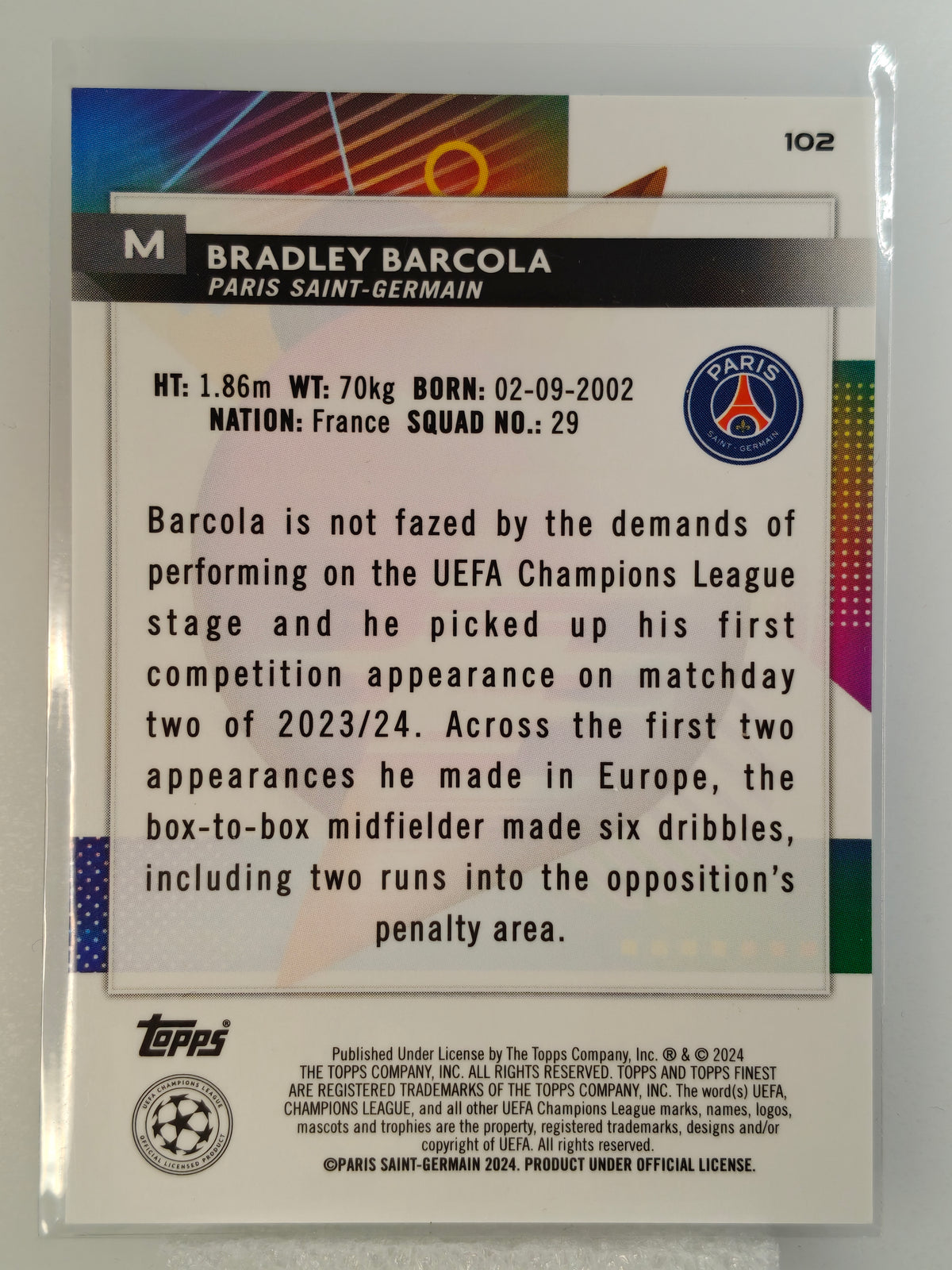 Bradley Barcola /250 RC - Topps Finest 23/24