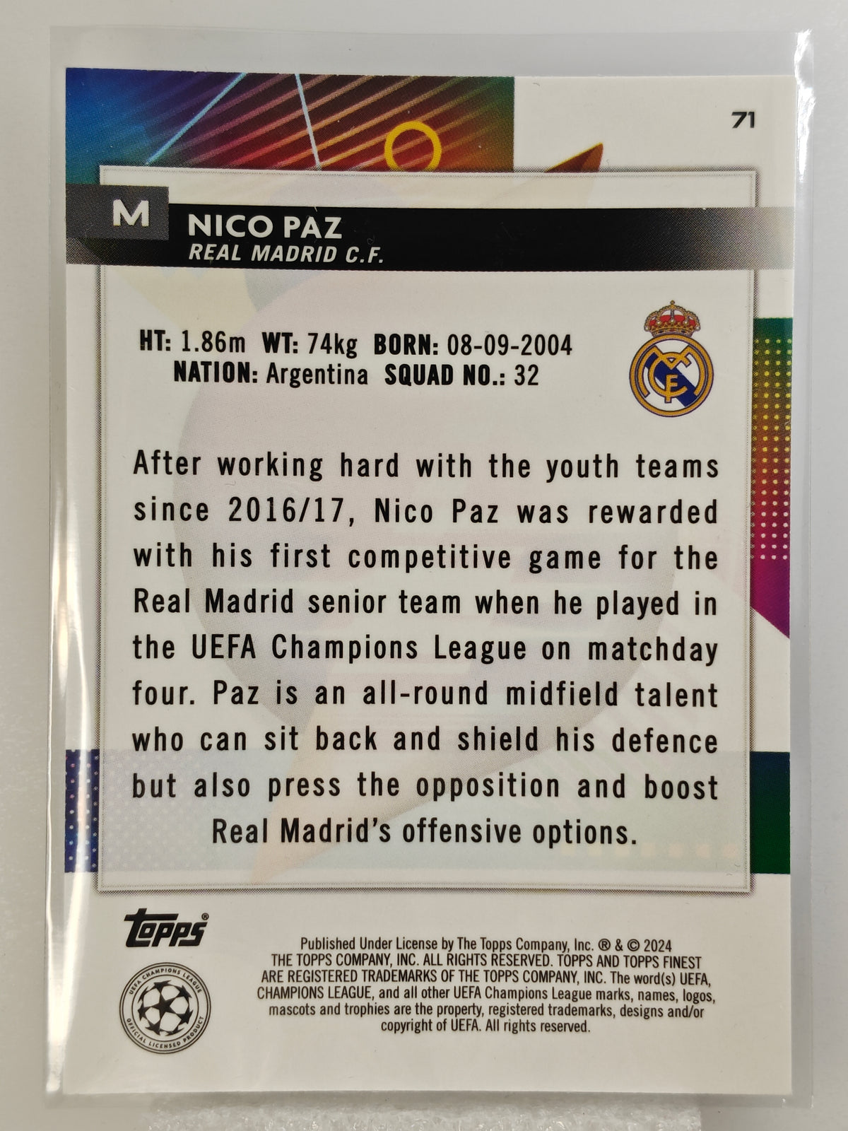 Nico Paz RC - Topps Finest 23/24