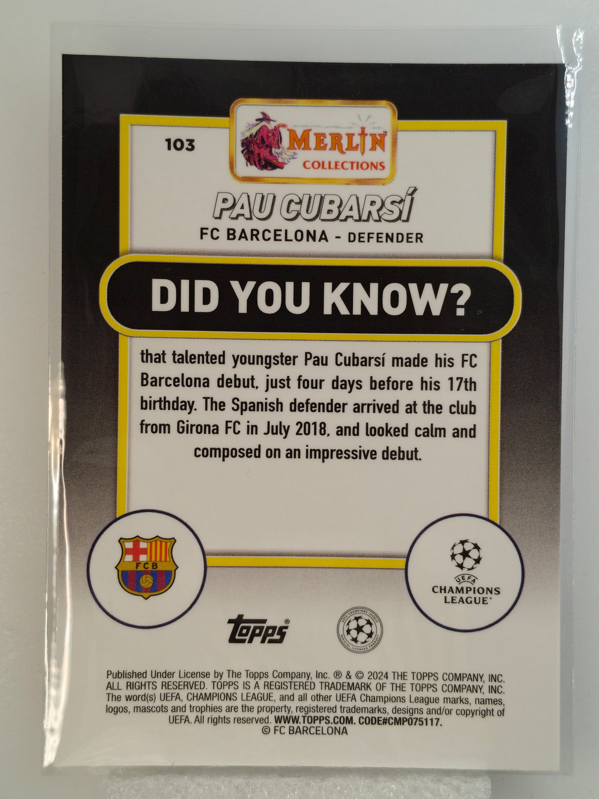 Pau Cubarsi RC - Topps Merlin 23/24