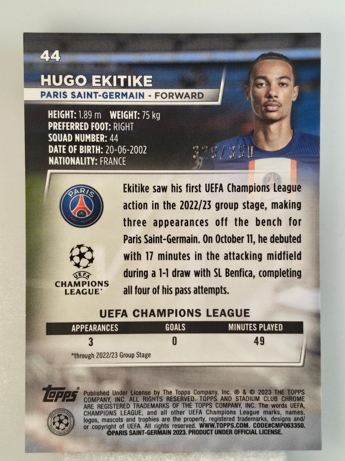 Hugo Ekitike /350 RC - Topps Stadium Chrome 22/23