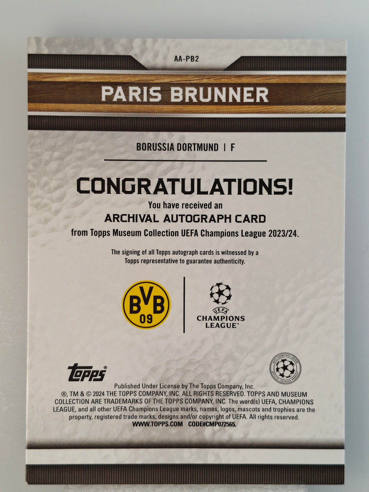 Paris Brunner auto /99 RC (Read) - Topps Museum 23/24