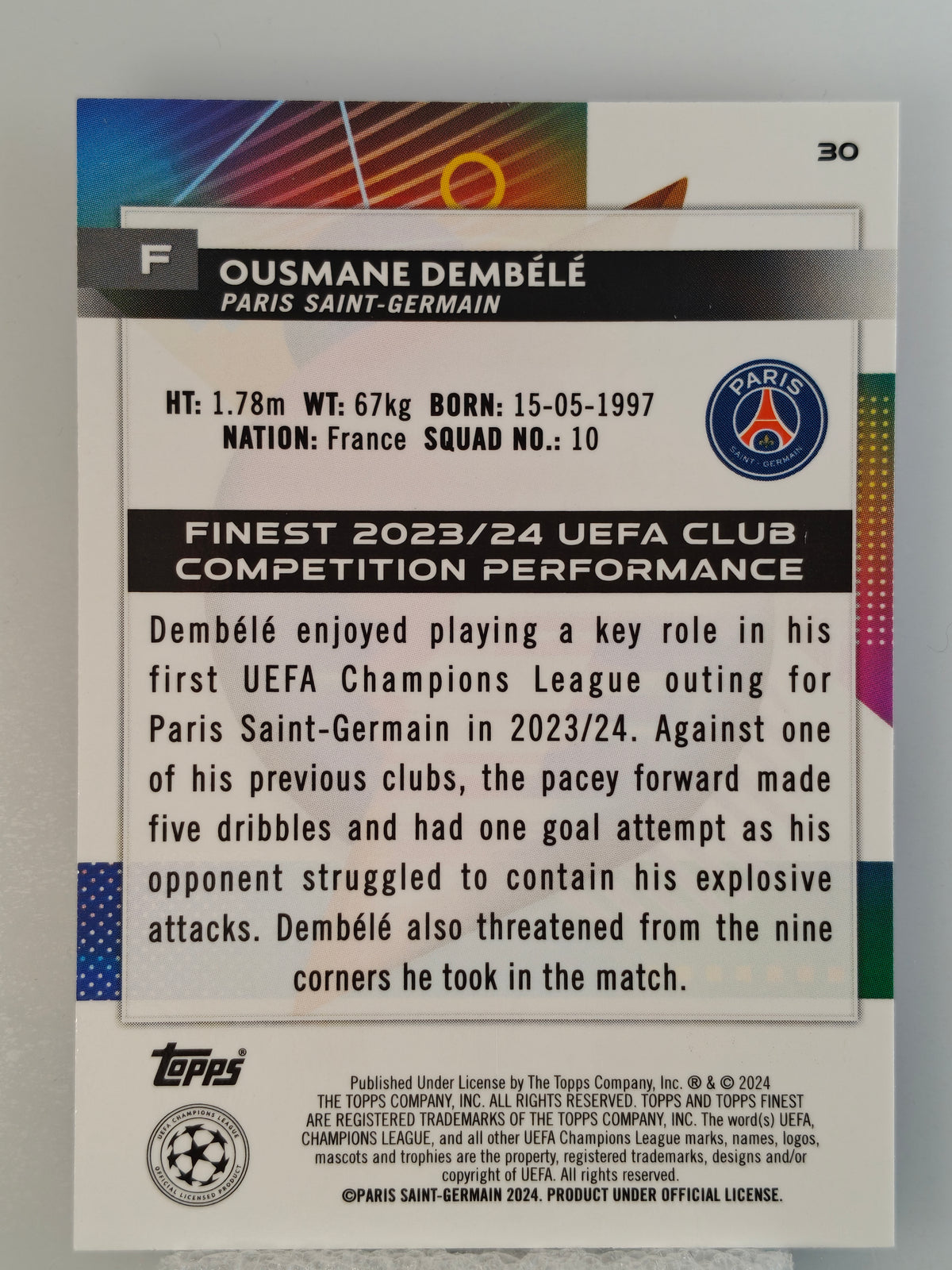 Ousmane Dembele /299 - Topps Finest 23/24